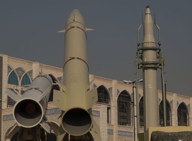 Iranian Qiam short-range surface-to-surface ballistic missile (R), Solid-propelled road-mobile single-stage missile, Zolfaghar Basir (C), and Dezful medium-range ballistic missile are pictured during a military exhibition in Tehran, Jan. 7, 2022. (Photo: Morteza Nikoubazl/NurPhoto)