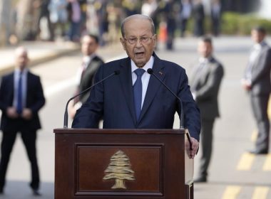 Lebanese President Michel Aoun delivers a speech to his supporters gathered outside the presidential palace in Baabda, east of Beirut, Lebanon, Sunday, Oct. 30, 2022. AP