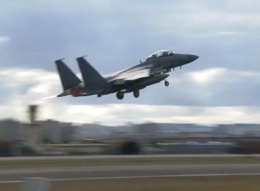 In this image taken from video, South Korean Air Force's F15K fighter jet takes off Tuesday, Oct. 4, 2022, in an undisclosed location in South Korea. AP