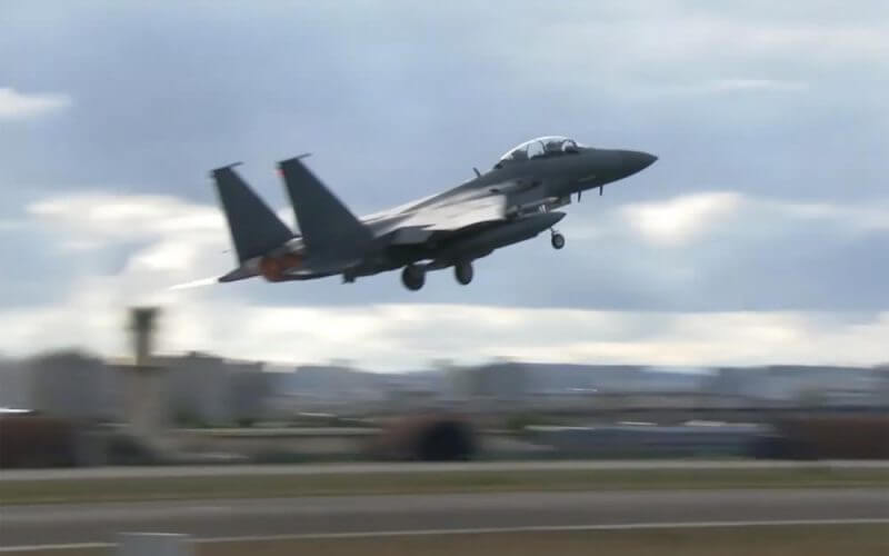 In this image taken from video, South Korean Air Force's F15K fighter jet takes off Tuesday, Oct. 4, 2022, in an undisclosed location in South Korea. AP