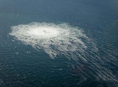Gas bubbles from the Nord Stream 2 leak reaching surface of the Baltic Sea in the area shows disturbance of well over one kilometer diameter near Bornholm, Denmark, Sept. 27, 2022. (Danish Defence Command/Handout via Reuters)