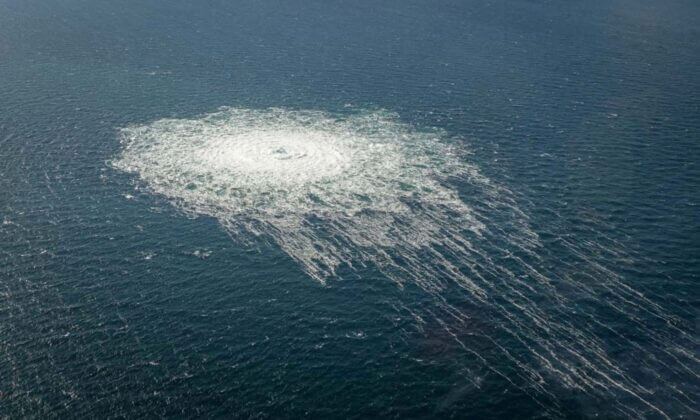 Gas bubbles from the Nord Stream 2 leak reaching surface of the Baltic Sea in the area shows disturbance of well over one kilometer diameter near Bornholm, Denmark, Sept. 27, 2022. (Danish Defence Command/Handout via Reuters)