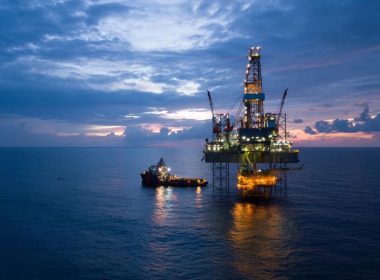 Aerial view of a offshore jack-up drilling rig in the Gulf of Mexico. Shutterstock