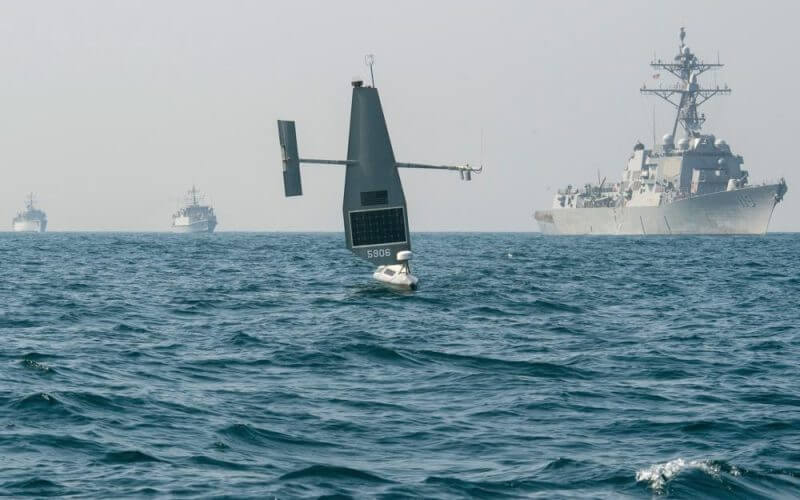In this photo released by the U.S. Navy, a Saildrone Explorer takes part in a joint U.S. and U.K. naval drill in the Persian Gulf on Friday, Oct. 7, 2022. AP