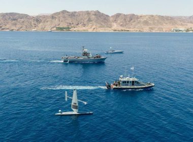 Vessels from the Israeli Navy and U.S. Naval Forces Central Command operate in the Gulf of Aqaba with two unmanned surface vessels -- a Devil Ray T-38, top, and Saildrone Explorer, bottom -- during exercise Digital Shield, Sept. 21, 2022. (U.S. Navy photo)