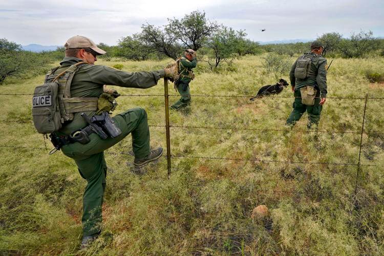 U.S. Border Patrol agents, aided by a dog and a Black Hawk helicopter, search for a group of migrants evading capture at the base of the Baboquivari Mountains on Sept. 8, 2022, near Sasabe, Ariz. The desert region located in the Tucson sector just north of Mexico is one of the deadliest stretches along the international border with rugged desert mountains, uneven topography, washes and triple-digit temperatures in the summer months. Border Patrol agents performed 3,000 rescues in the sector in the past 12 months. Matt York / AP Photo