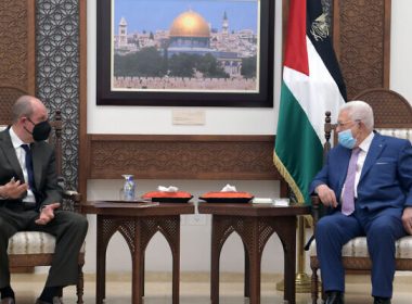 US Deputy Assistant Secretary of State for Israeli and Palestinian Affairs Hady Amr (L) meets with Palestinian Authority President Mahmoud Abbas in Ramallah on May 17, 2021. (Wafa)