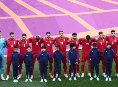 Khalifa International Stadium, Doha, Qatar – November 21, 2022 Iran players line up during the national anthems before the match REUTERS/Marko Djurica