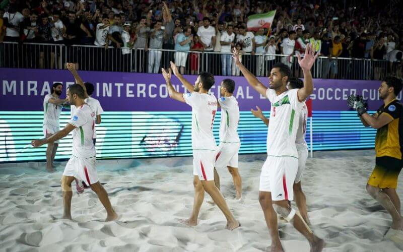 Iran's players celebrate defeating Brazil at the Emirates Intercontinental Beach Soccer Cup in Dubai. Getty