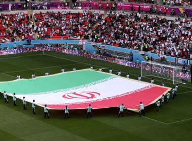 A giant flag of IR Iran on the pitch prior to the FIFA World Cup Qatar 2022 Group B match between Wales and Iran at Ahmad Bin Ali Stadium on November 25, 2022 in Doha, Qatar. Getty