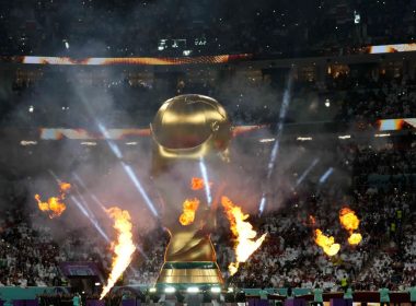A giant inflatable copy of the trophy is displayed prior to the start of the World Cup group A soccer match between Qatar and Ecuador at the Al Bayt Stadium in Al Khor, Qatar, Sunday, Nov. 20, 2022. (AP Photo/Darko Bandic)