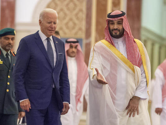 US President Joe Biden and Saudi Arabian Crown Prince Mohammed bin Salman at Alsalam Royal Palace in Jeddah, Saudi Arabia on July 15, 2022. Royal Court of Saudi Arabia / Handout/Anadolu Agency via Getty Images