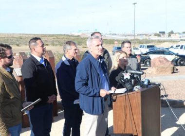 House Republican Leader Kevin McCarthy called for the resignation of Homeland Security Secretary Alejandro Mayorkas during a press conference at the U.S. Border Patrol complex in Northeast El Paso on Tuesday. (Ramon Bracamontes/El Paso Matters)