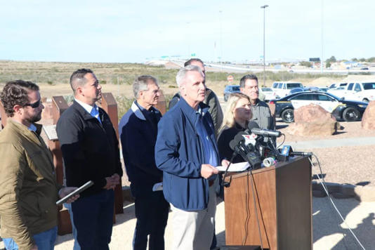 House Republican Leader Kevin McCarthy called for the resignation of Homeland Security Secretary Alejandro Mayorkas during a press conference at the U.S. Border Patrol complex in Northeast El Paso on Tuesday. (Ramon Bracamontes/El Paso Matters)