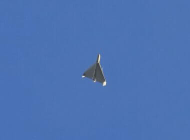 A Shahed-136 drone is seen in the sky seconds before it hit buildings in Kyiv, Ukraine, October 17, 2022. (AP Photo/Efrem Lukatsky)