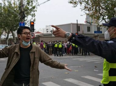 A protester holding flowers is confronted by a policeman on a street in Shanghai, China, on Nov. 27, 2022. (AP Photo)