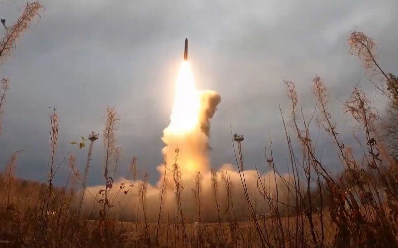 A Yars intercontinental ballistic missile is test-fired as part of Russia's nuclear drills from a launch site in October, in Plesetsk, northwestern Russia. Screenshot courtesy of Russian Defense Ministry Press Office