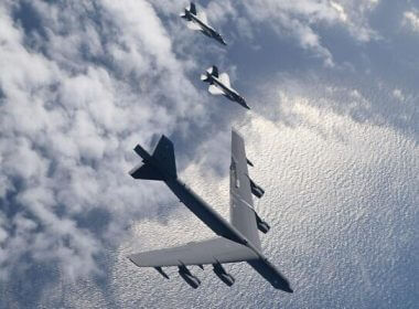 Israeli F-35 fighter jets escort an American B-52 bomber through Israeli airspace on November 10, 2022 (Israel Defense Forces)