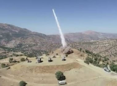 A screengrab from an Iranian military video purports to show missile launches during an attack on Iranian Kurdish opposition positions in Iraq from an undisclosed location in Iran. EPA