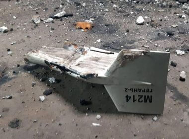 This undated photograph released by the Ukrainian military's Strategic Communications Directorate shows the wreckage of what Kyiv has described as an Iranian Shahed drone downed near Kupiansk, Ukraine. AP