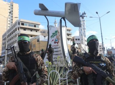 Palestinian members of Izz ad-Din al-Qassam Brigades – the armed wing of Hamas – seen next to a memorial named “Shehab Field,” a drone made by al-Qassam, in Gaza City, Sept. 21, 2022. (Photo: Attia Muhammed/Flash90)