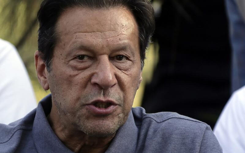 Former Pakistani Prime Minister Imran Khan speaks during a news conference in Islamabad on April 23, 2022. AP