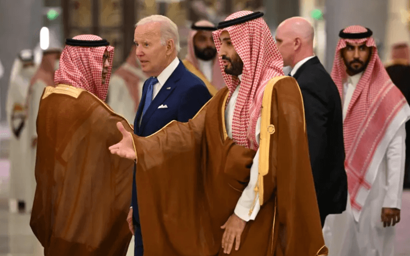 US President Joe Biden and Saudi Crown Prince Mohammed bin Salman arrive for the family photo during the "GCC+3" (Gulf Cooperation Council) meeting at a hotel in Jeddah, Saudi Arabia July 16, 2022. (photo credit: MANDEL NGAN/REUTERS)