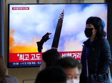 A TV screen shows an image of North Korea's missile launch during a news program at the Seoul Railway Station in Seoul, South Korea, Nov. 19, 2022. AP