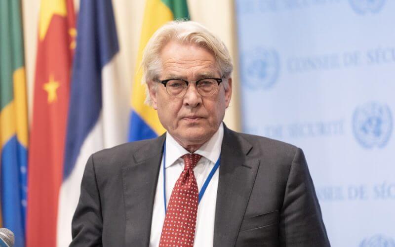 Tor Wennesland, UN Special Coordinator for the Middle East Peace Process, speaks to press at Security Council stakeout at UN Headquarters in New York on Nov. 28, 2022. (Photo: Lev Radin/Sipa USA via Reuters)
