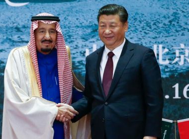 Saudi King Salman, left, and Chinese President Xi Jinping shake hands in Beijing, China, March 16, 2017. AP