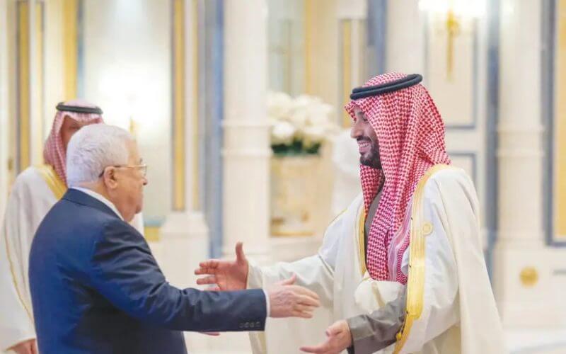 SAUDI CROWN PRINCE Mohammed Bin Salman speaks with Palestinian President Mahmoud Abbas during the China-Arab summit in Riyadh, last week. (photo credit: SAUDI PRESS AGENCY/REUTERS)
