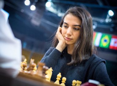 Iranian chess player Sara Khadem competes, without wearing a hijab, in FIDE World Rapid and Blitz Chess Championships in Almaty, Kazakhstan December 26, 2022, in this picture obtained by Reuters on December 27, 2022. Lennart Ootes/FIDE/via REUTERS