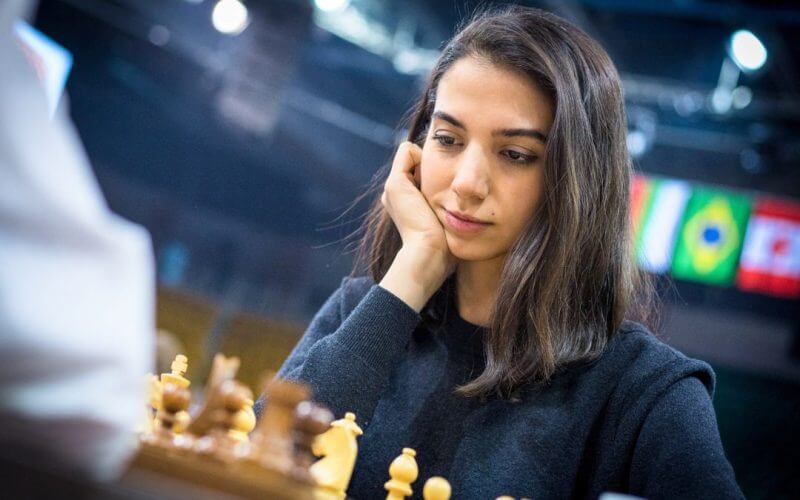 Iranian chess player Sara Khadem competes, without wearing a hijab, in FIDE World Rapid and Blitz Chess Championships in Almaty, Kazakhstan December 26, 2022, in this picture obtained by Reuters on December 27, 2022. Lennart Ootes/FIDE/via REUTERS