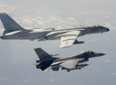 In this Feb. 10, 2020, file photo and released by the Republic of China (ROC) Ministry of National Defense, a Taiwanese Air Force F-16 in foreground flies on the flank of a Chinese People’s Liberation Army Air Force (PLAAF) H-6 bomber as it passes near Taiwan. (Republic of China (ROC) Ministry of National Defense via AP)