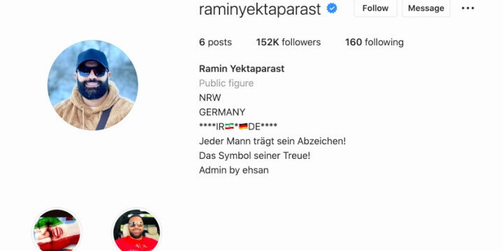 The Instagram page of Ramin Yektaparast, a former Hell’s Angels leader alleged to be coordinating Iranian regime attacks on Jewish targets in Germany. Photo: Screenshot