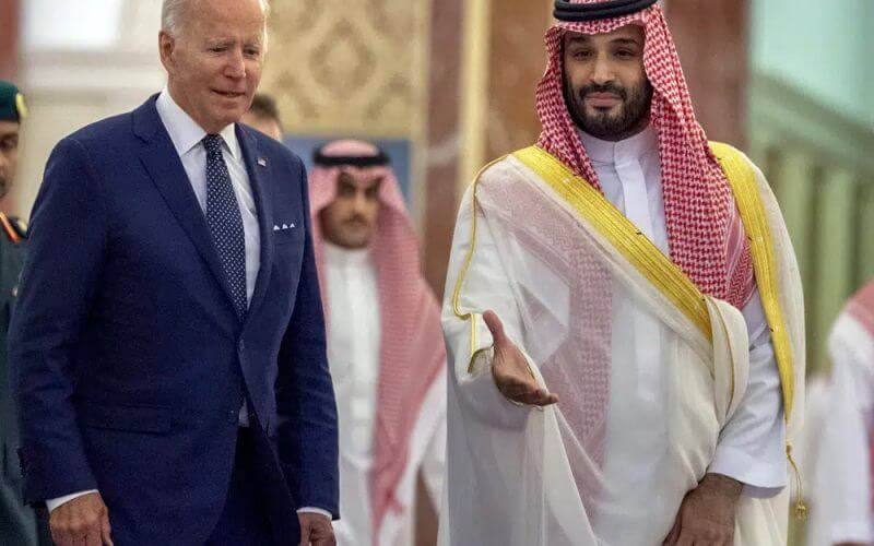 In this photo released by the Saudi Royal Palace, Saudi Crown Prince Mohammed bin Salman, right, welcomes U.S. President Joe Biden to Al-Salam Palace in Jeddah, Saudi Arabia, July 15, 2022. (Bandar Aljaloud/Saudi Royal Palace via AP, File)