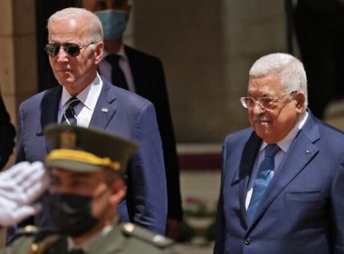 US President Joe Biden (L) is received by Palestinian Authority President Mahmoud Abbas in Bethlehem in the West Bank on July 15, 2022. (Ahmad Gharabli/AFP)