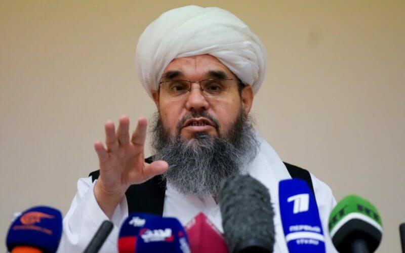 Taliban official Shahabuddin Dilawar gestures during a news conference in Moscow, Russia, July 9, 2021. Now the group's mining minister, Daliwar has hailed an investment deal it closed with China on the extraction of oil in northern Afghanistan. AP