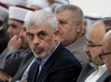 Yahya al-Sinwar, head of the Palestinian Hamas movement in the Gaza Strip, attends a meeting with people at a hall on the seashore in Gaza City. algemeiner.com