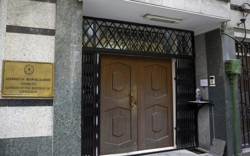Bullet holes are seen at the door of the Azerbaijan embassy in Tehran, Iran, following a shooting attack. AFP