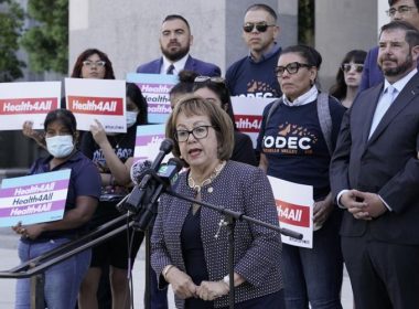 California state Sen, Maria Elena Durazo, D-Los Angeles, speaks in support of health care for all low-income immigrants living in the country illegally during a rally at the Capitol Sacramento, Calif., on Wednesday, June 29, 2022. (AP Photo/Rich Pedroncelli)