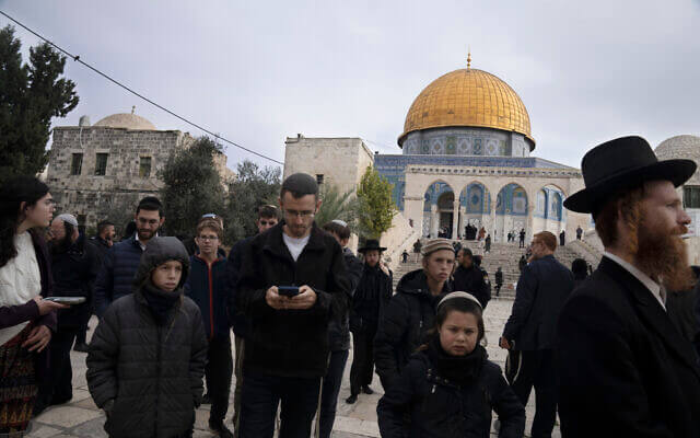 Jews visit the Temple Mount in the Old City of Jerusalem, Tuesday, Jan. 3, 2023. (AP/Maya Alleruzzo)