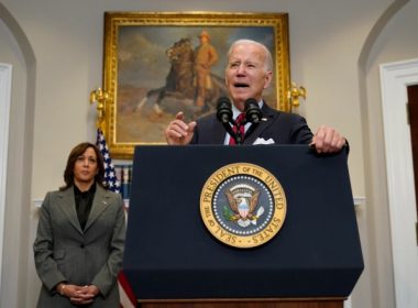 President Joe Biden speaks about border security in the Roosevelt Room of the White House, Thursday, Jan. 5, 2023, in Washington. Vice President Kamala Harris stands at left. (AP Photo/Patrick Semansky)