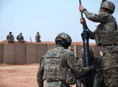 U.S. soldiers deployed to At-Tanf Garrison, Syria, get ready for drills in 2020. File Phot by Staff Sgt. William Howard/U.S. Army