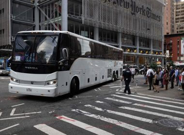 A busload of migrants pulls into the Port Authority in New York. (Getty Images)