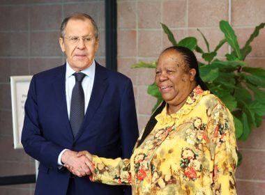 South Africa's Foreign Minister Naledi Pandor shakes hands with Russia's Foreign Minister Sergei Lavrov, ahead of their bilateral meeting in Pretoria, South Africa, January 23, 2023. REUTERS/Siphiwe Sibeko
