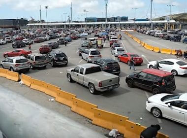 Cars line up in lanes at the border crossing between Tijuana, Mexico, and San Ysidro, California, in April 2022. (Video screenshot)