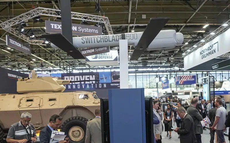 A Switchblade 600 loitering missile drone manufactured by AeroVironment is displayed at the Eurosatory arms show in Villepinte, north of Paris, on June 14, 2022. AP