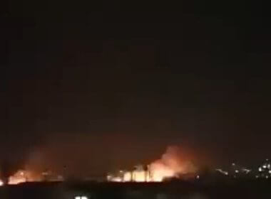 A fire is seen burning, puportedly at the al-Qaim crossing on the Syria-Iraq border, in unverified footage posted online, January 29, 2023. (Screenshot: Twitter)