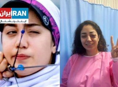 A pair of photos shared on Twitter by the Iran Human Rights organization show Iranian national archer Kosar Khoshnoudikia competing, and then in a hospital after she says she was shot in the eye by Iranian security forces during a protest. IRAN HUMAN RIGHTS/TWITTER